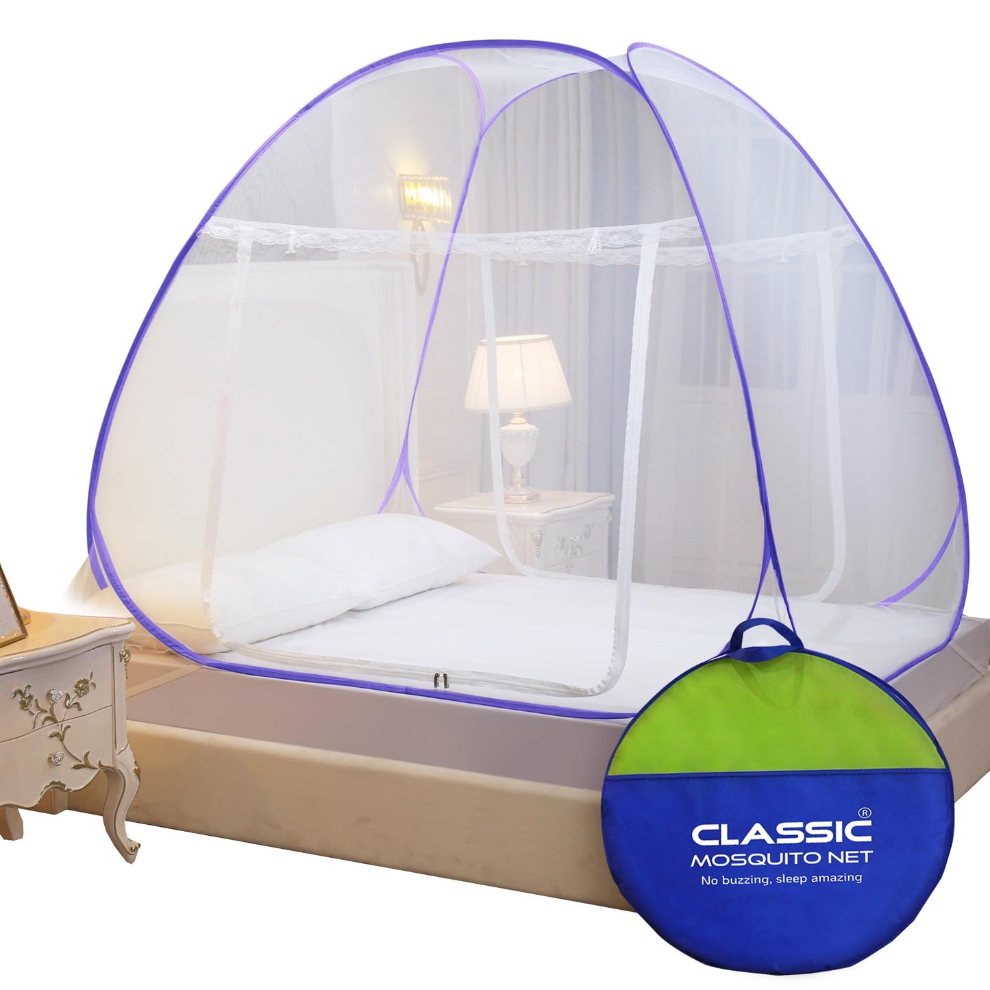 Classic Mosquito Net for Double Bed | King Size Foldable Machardani | Polyester 30GSM Strong Net | PVC Coated Corrosion Resistant Steel Wire - Blue