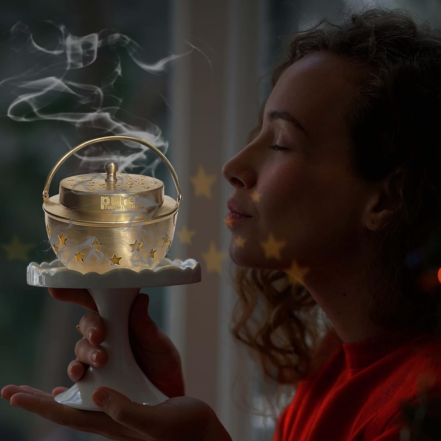 Pure Source India Brass Kapoor Dani, Aroma Diffuser, Bakhoor Dani, Incense Burner, Pack of 1(Star Cutting), Round