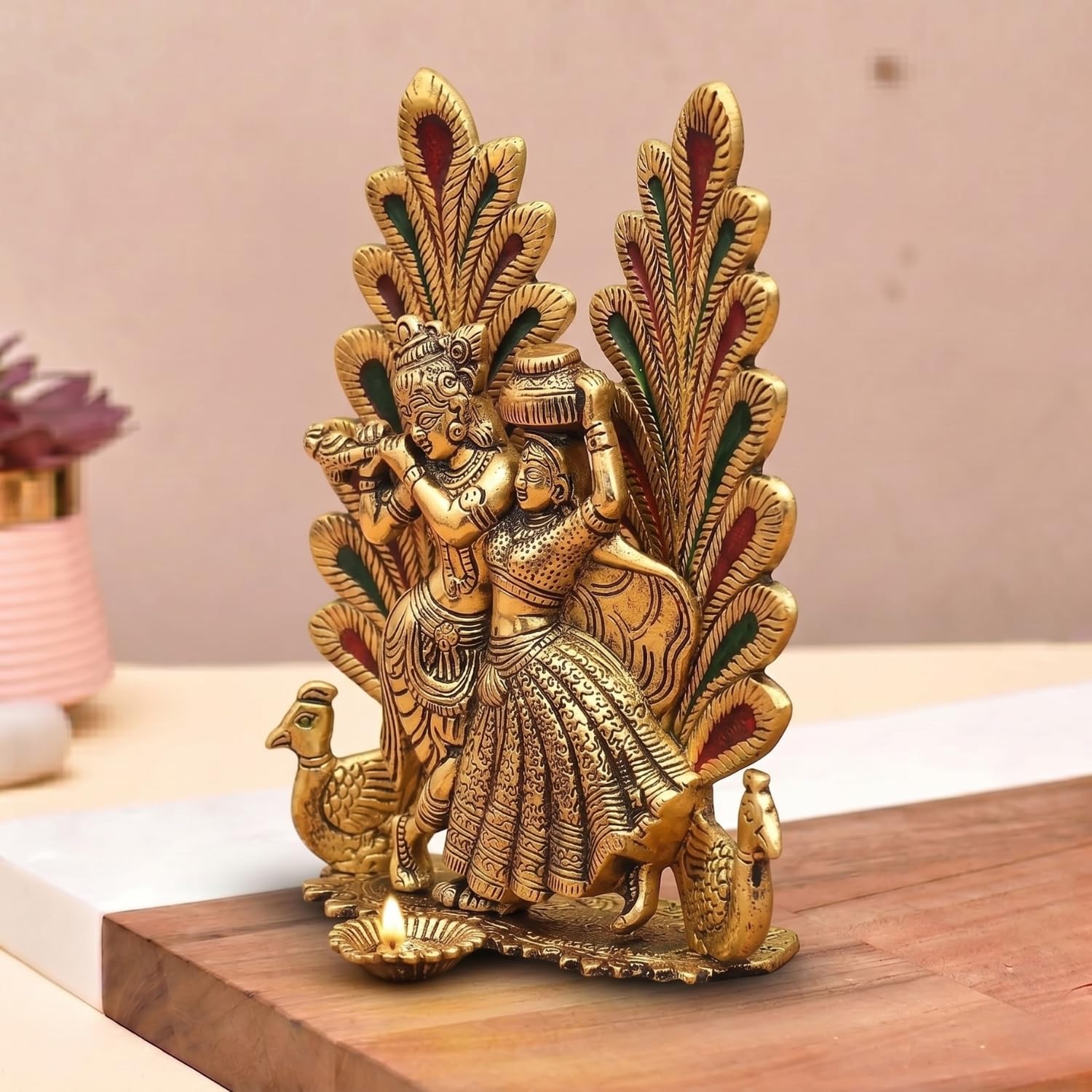 ascension Metal Peacock Design Radha Krishna Idol Decorative Showpiece Statue for Puja Room Home Office Desk Decoration Gift Items Gold