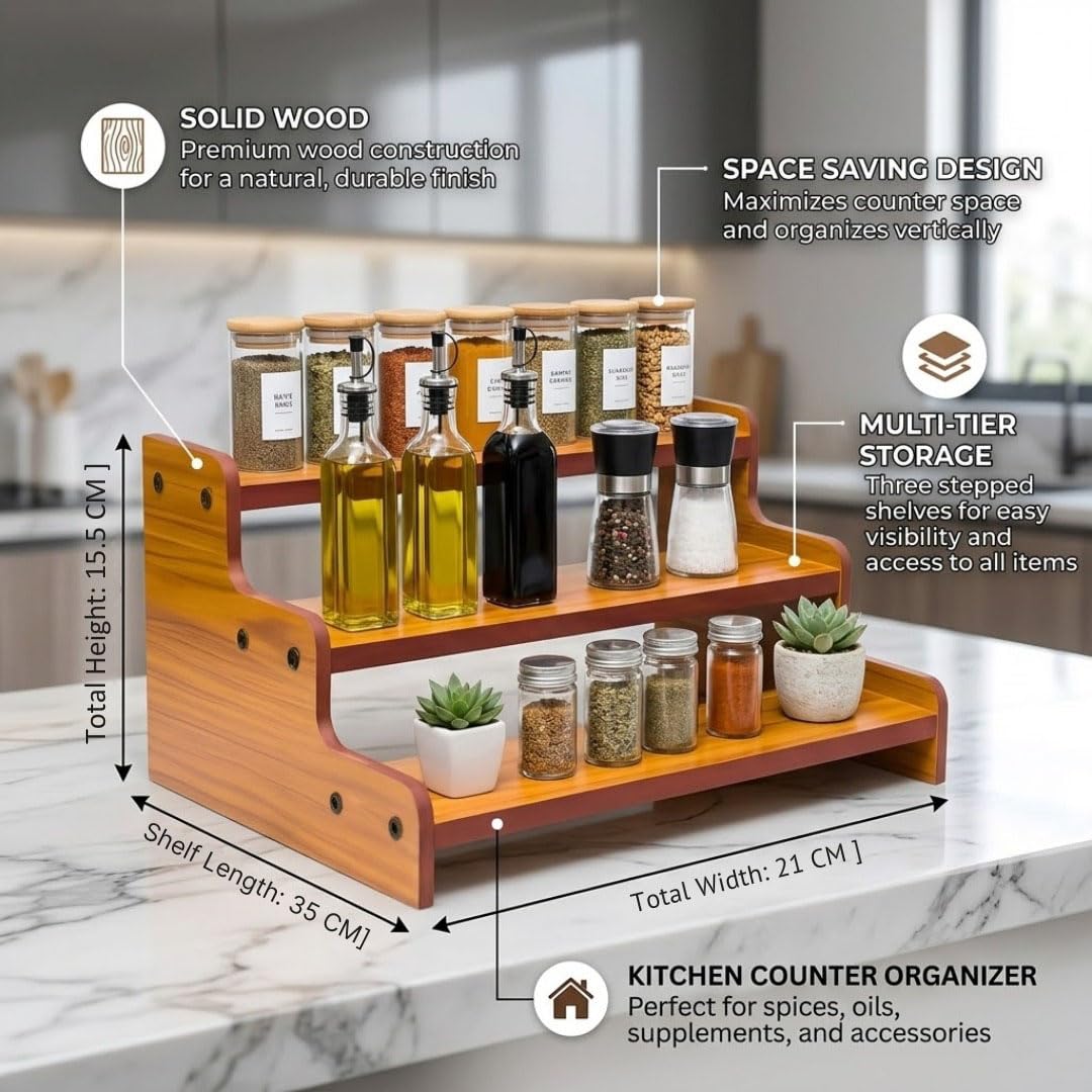 3-Tier Spice Rack, 13.8 Inch Wood Step Shelf Countertop Spice Storage Holder, Kitchen Pantry Cabinet Organizer Cupboard for Spice Bottles, Jars, Seasonings, Baking Supplies,