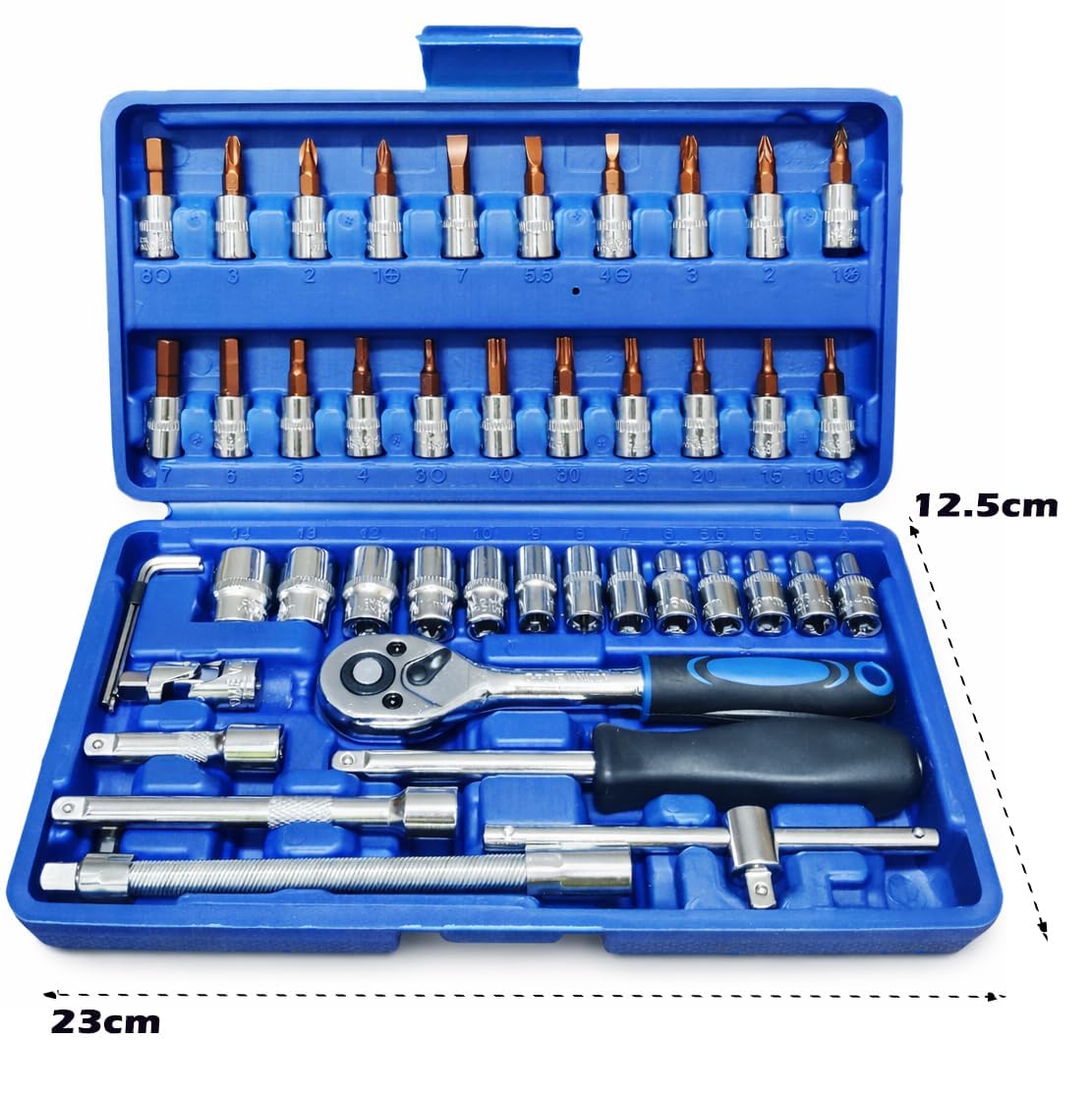 FBT 46Pcs 1/4 Inch Drive Box End Socket Set, Metric Ratchet Wrench Set With 4-14Mm Cr-V Sockets, S2 Bits,Extension Bars, Mechanic Tool Kits For Household Auto Repair (Blue), Chrome Vanadium Steel