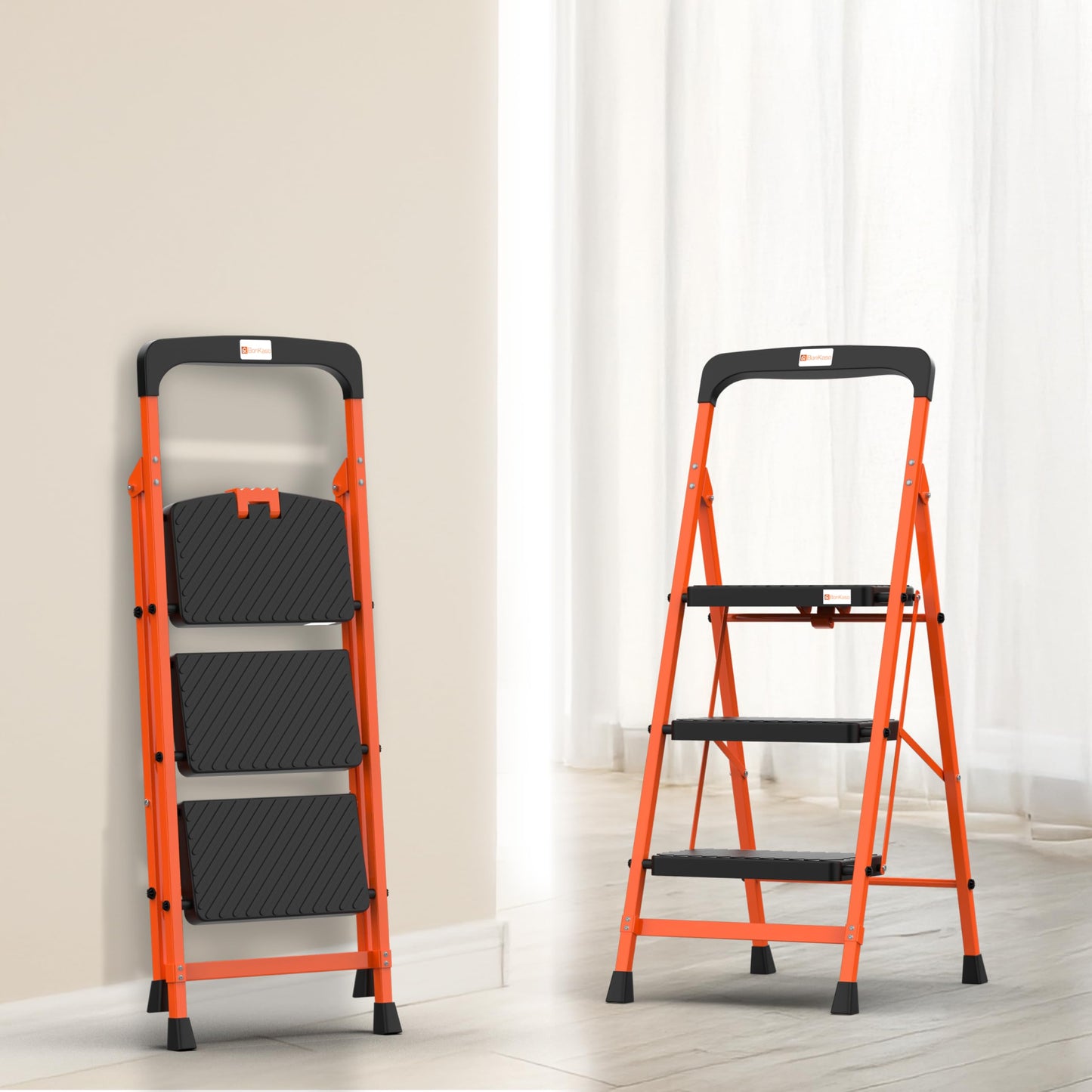 BonKaso Climb Easy 6 Step Heavy Duty Foldable Steel Kitchen Ladder for Home, Office & Outdoor Use with Anti-Slip Wide Steps, Support Handle & Tool Tray (Orange & Black)
