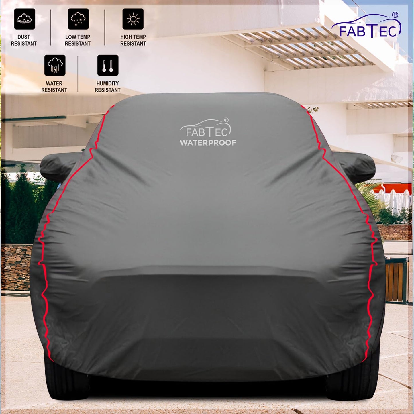 FABTEC Waterproof Premium Car Cover for Maruti Brezza Super Waterproof Car Body Cover Heavy Duty Durable PEVA Grey with Red Piping