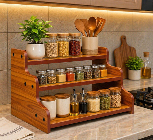 3-Tier Spice Rack, 13.8 Inch Wood Step Shelf Countertop Spice Storage Holder, Kitchen Pantry Cabinet Organizer Cupboard for Spice Bottles, Jars, Seasonings, Baking Supplies,