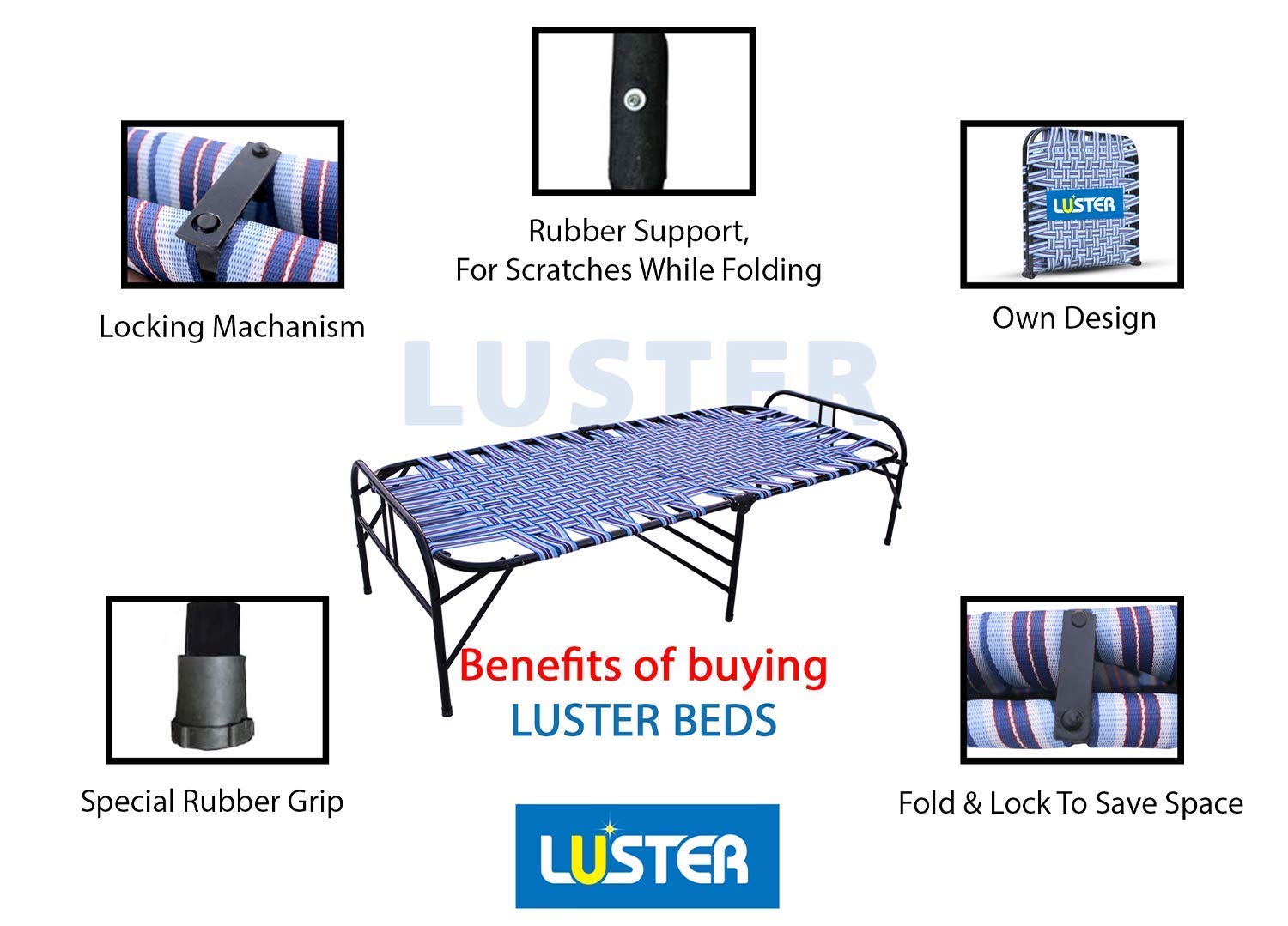 LUSTER Single Person Bed for Indoor & Outdoor Use, Lightweight, Comfortable, Design Holds Adults, Men, Women Kids Up to 310 Kgs (Blue Niwar Bed)