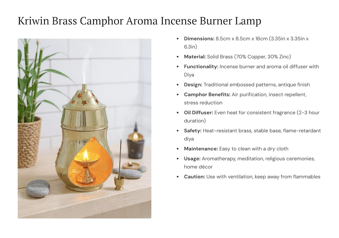 Brass Camphor Aroma Incense Burner Lamp Aroma Lamp Oil Burner Oil Diffuser with Diya (8.5cm x 8.5cm x 16cm)