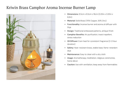 Brass Camphor Aroma Incense Burner Lamp Aroma Lamp Oil Burner Oil Diffuser with Diya (8.5cm x 8.5cm x 16cm)