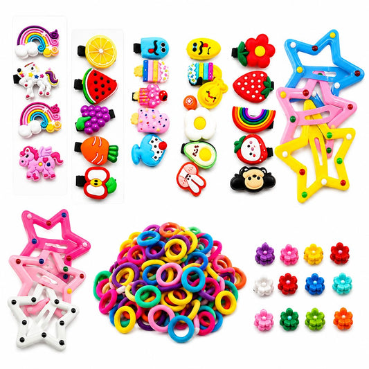 160 Pcs Baby Girl Hair Accessories Combo – 20 Mini Hair Clips, 10 Cute Cartoon Fruit Clips & 100 Soft Elastic & 30 Mini Elastic | Hair Ties | Multicolor Hair Bands & Hair Pins Set for Infants, Toddlers & Kids (0–5 Years) | TheStoreVibe