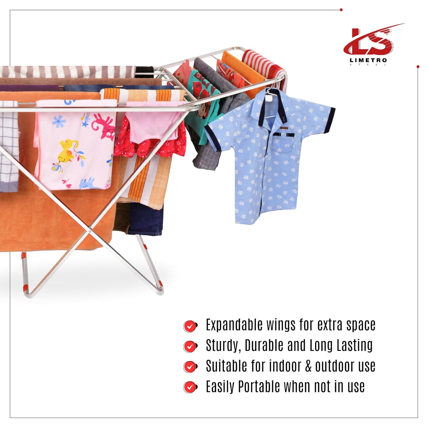 LiMETRO STEEL Stainless Steel Foldable Cloth Dryer Stand Double Rack Cloth Stands for Drying Clothes Steel (Cross), 120x54x4 cm