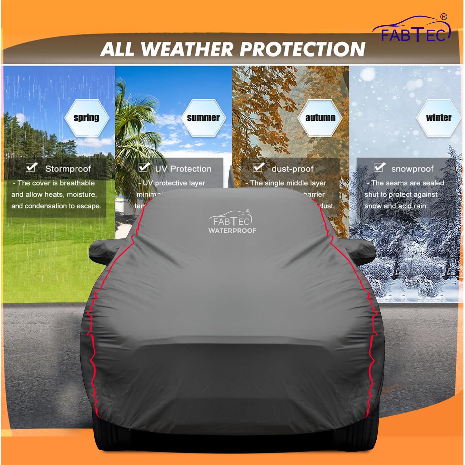 FABTEC Waterproof Premium Car Cover for Maruti Brezza Super Waterproof Car Body Cover Heavy Duty Durable PEVA Grey with Red Piping