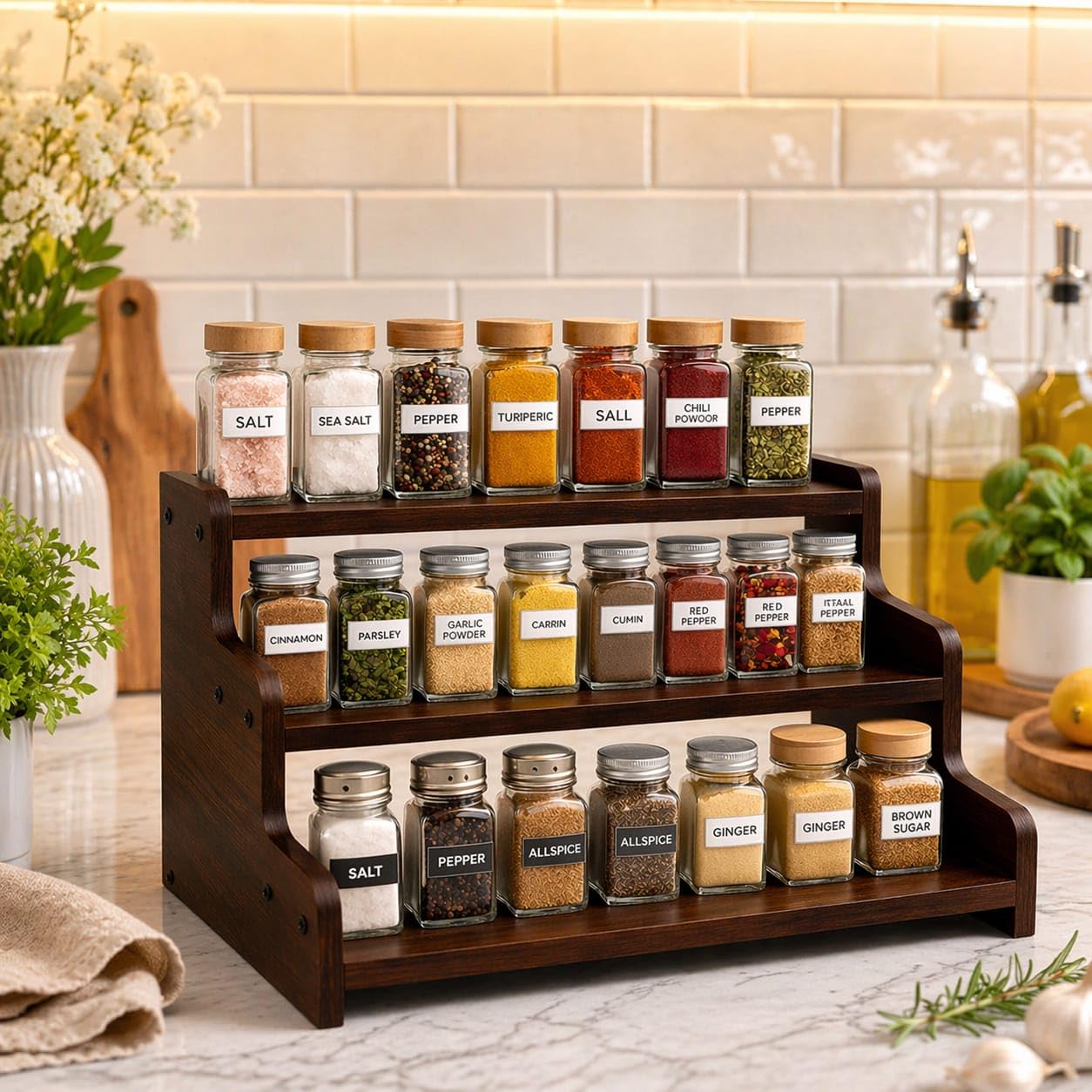 3-Tier Spice Rack, 13.8 Inch Wood Step Shelf Countertop Spice Storage Holder, Kitchen Pantry Cabinet Organizer Cupboard for Spice Bottles, Jars, Seasonings, Baking Supplies,
