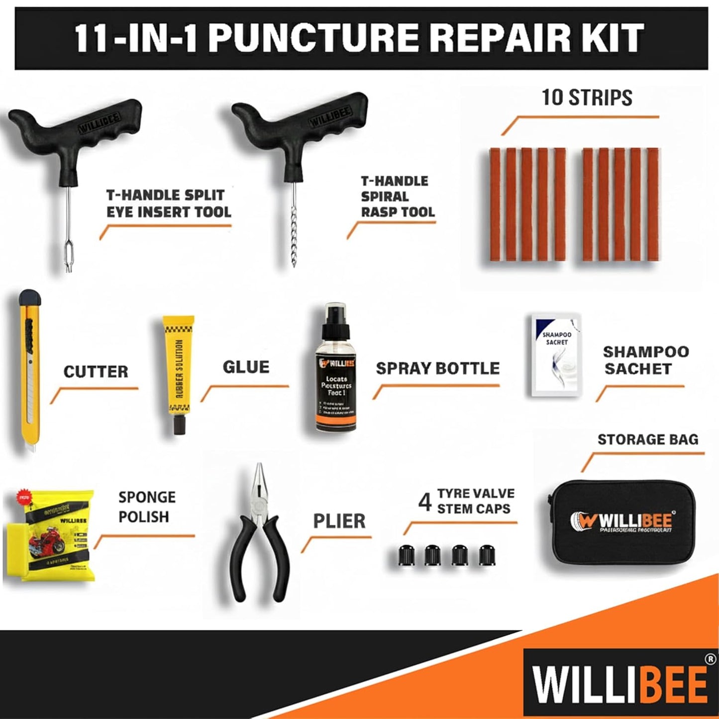 WILLIBEE 11-in-1 (Pack of 10 Strips) Tubeless Tyre Puncture Repair Kit for Car & Bike | Heavy-Duty Puncher Kit (Includes Storage Bag)