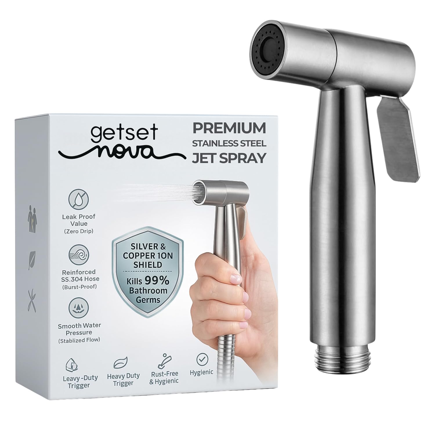 Health Faucet Stainless Steel Jet Spray Gun for Toilet | Silver & Copper Ion Shield Kills 99% Germs | Leak-Proof Bathroom 1 Year Warranty (Jet Spray Only)