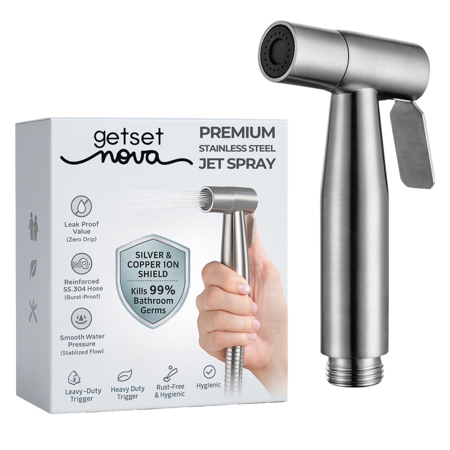 Health Faucet Stainless Steel Jet Spray Gun for Toilet | Silver & Copper Ion Shield Kills 99% Germs | Leak-Proof Bathroom 1 Year Warranty (Jet Spray Only)