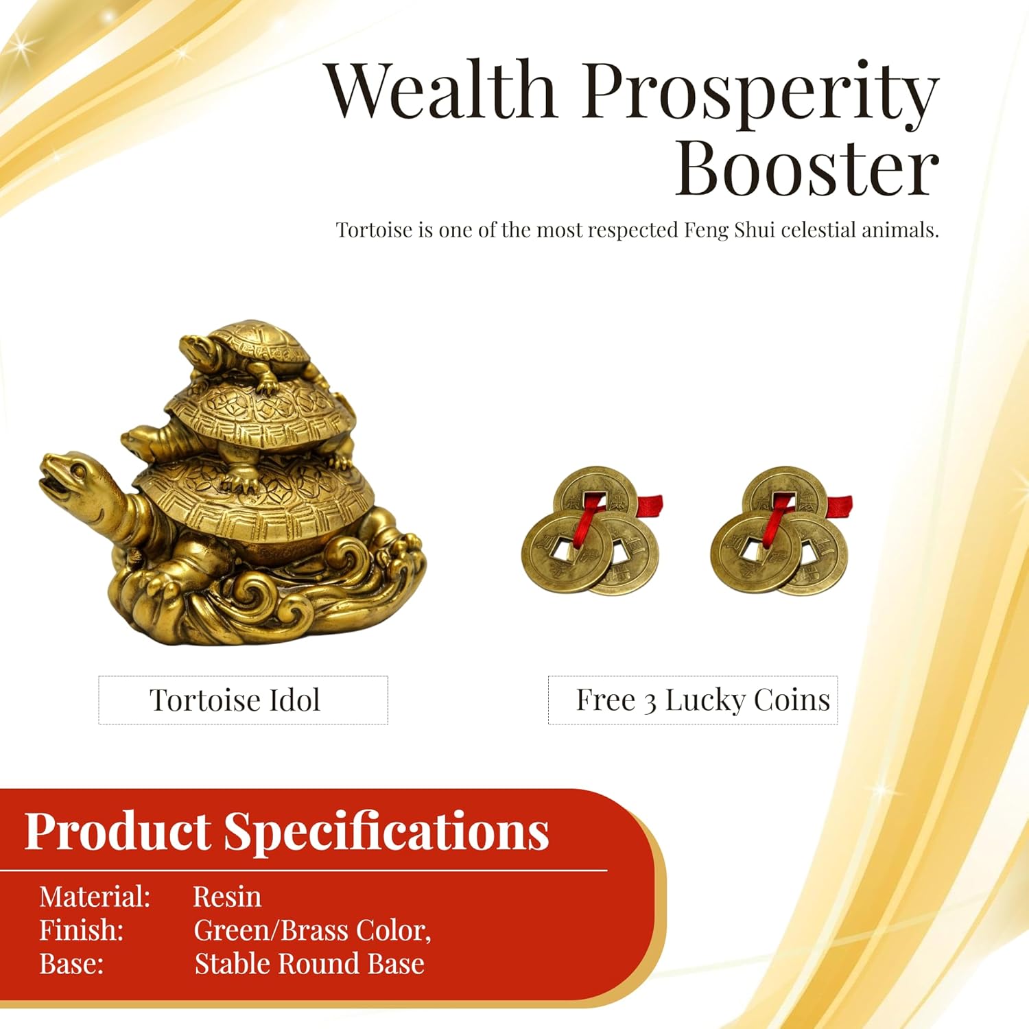 GJ Polyresin Feng Shui 3 Tortoise with 2 Lucky Coins for Good Luck & Wealth | Three Turtle Vastu Showpiece for Home Decor | House Warming & Shop Opening Gift