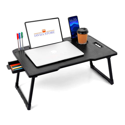 DIVIJA STORE Wood Smart Multipurpose Foldable Laptop Table with Cup Holder, Study Table, Bed Table, Breakfast Table, Foldable and Portable/Ergonomic & Rounded Edges/Non-Slip Legs (Black), 59 cm, 8 cm
