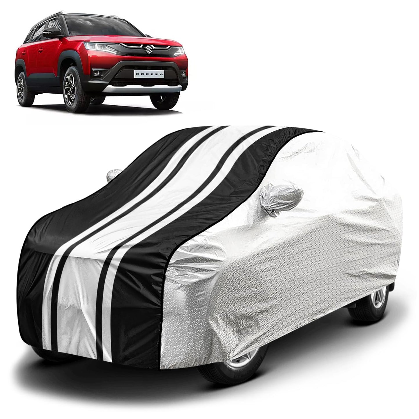 FABTEC Waterproof Premium Car Cover for Maruti Brezza Super Waterproof Car Body Cover Heavy Duty Durable PEVA Grey with Red Piping