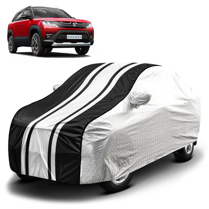 FABTEC Waterproof Premium Car Cover for Maruti Brezza Super Waterproof Car Body Cover Heavy Duty Durable PEVA Grey with Red Piping