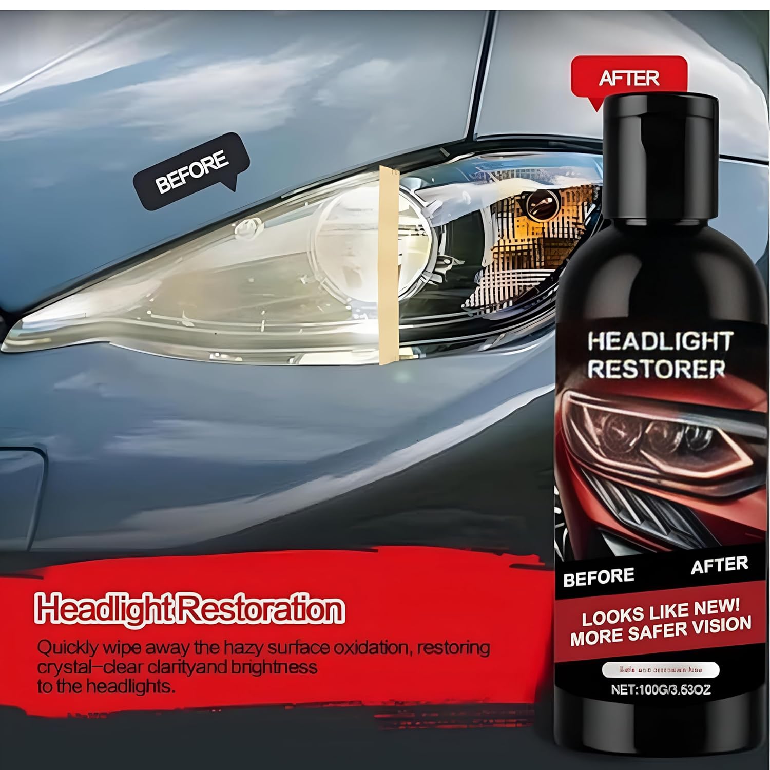 Headlight Cleaner & Restorer Liquid Polish (Pack of 3 | Each 100ml) for Car Headlamp Repair, Anti-Yellowing Oxidation Remover, Restores Transparency & Brightness, Easy DIY Headlight Repair Solution