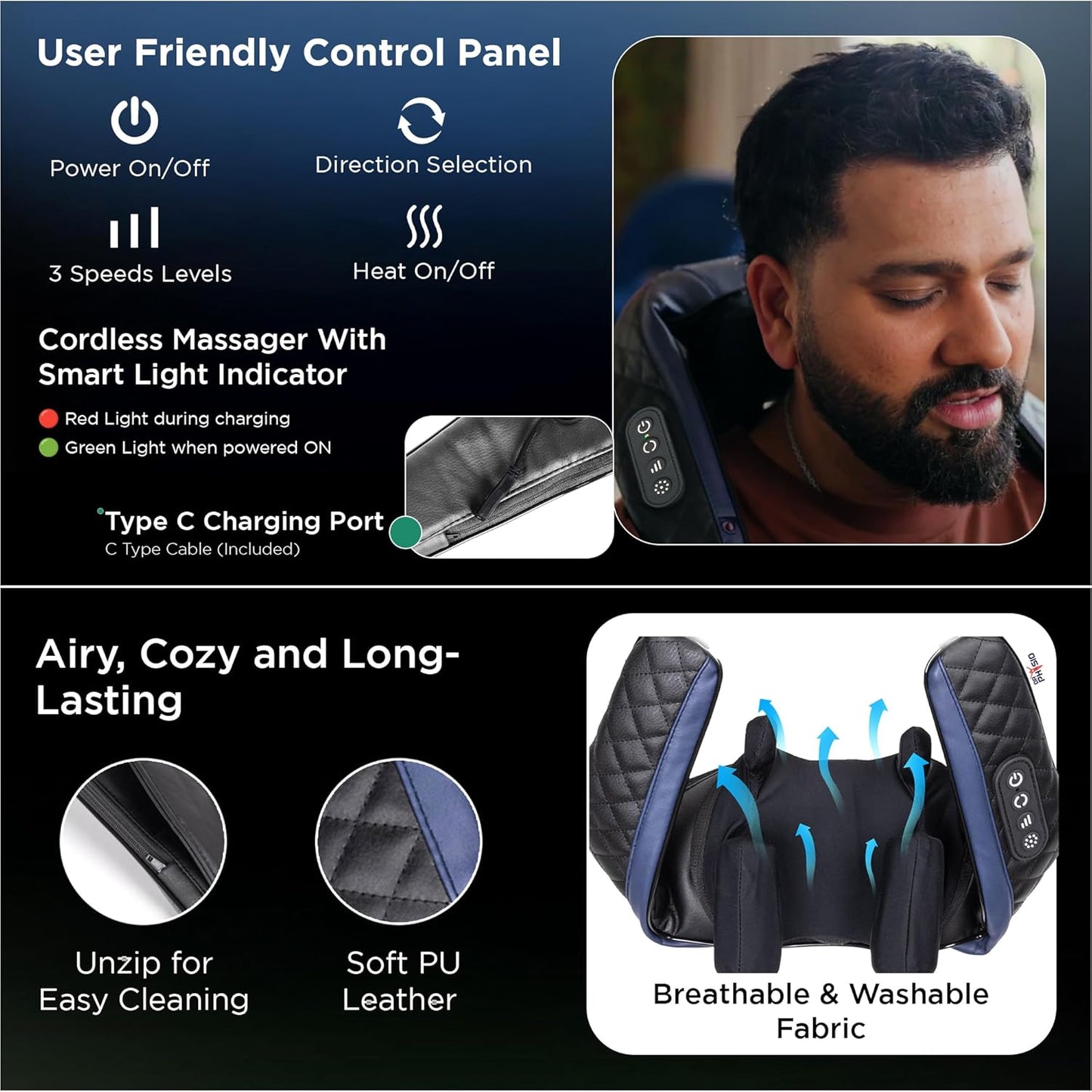 Dr Physio USA 1048 Shiatsu Electric Neck and Back Massager Machine with Infrared Kneading Nodes for Cervical Neck, Shoulder, Back & Body Muscle Pain Relief