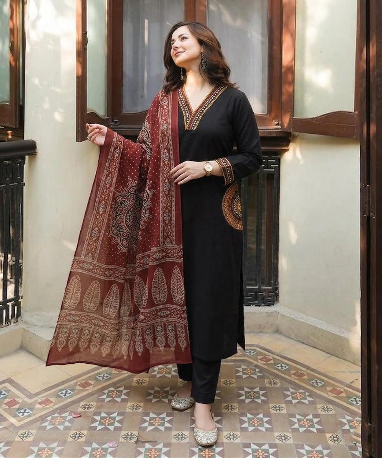 ANNI Designer Women's Rayon Viscose Straight Embroidered Kurta with Pant and Dupatta | V-Neck Kurti Set | 3/4 Length Regular Sleeves | Soft Comfortable Fabric | 3 Piece Outfit