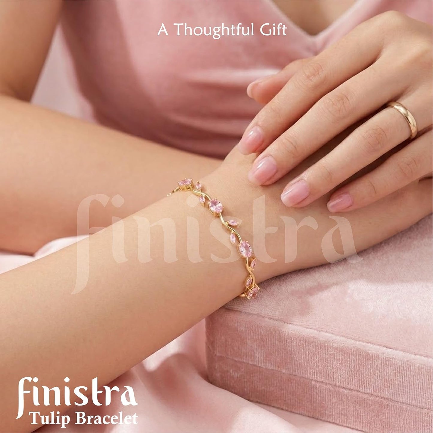 finistra® Tulip Bracelet for Women Stylish | Gold Plated Pink Crystal Floral Jewellery | Adjustable Chain for Women & Girls Stylish | Elegant Tulip Bracelet for Women, Party & Daily Wear Accessory