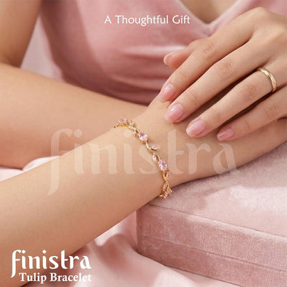 finistra® Tulip Bracelet for Women Stylish | Gold Plated Pink Crystal Floral Jewellery | Adjustable Chain for Women & Girls Stylish | Elegant Tulip Bracelet for Women, Party & Daily Wear Accessory