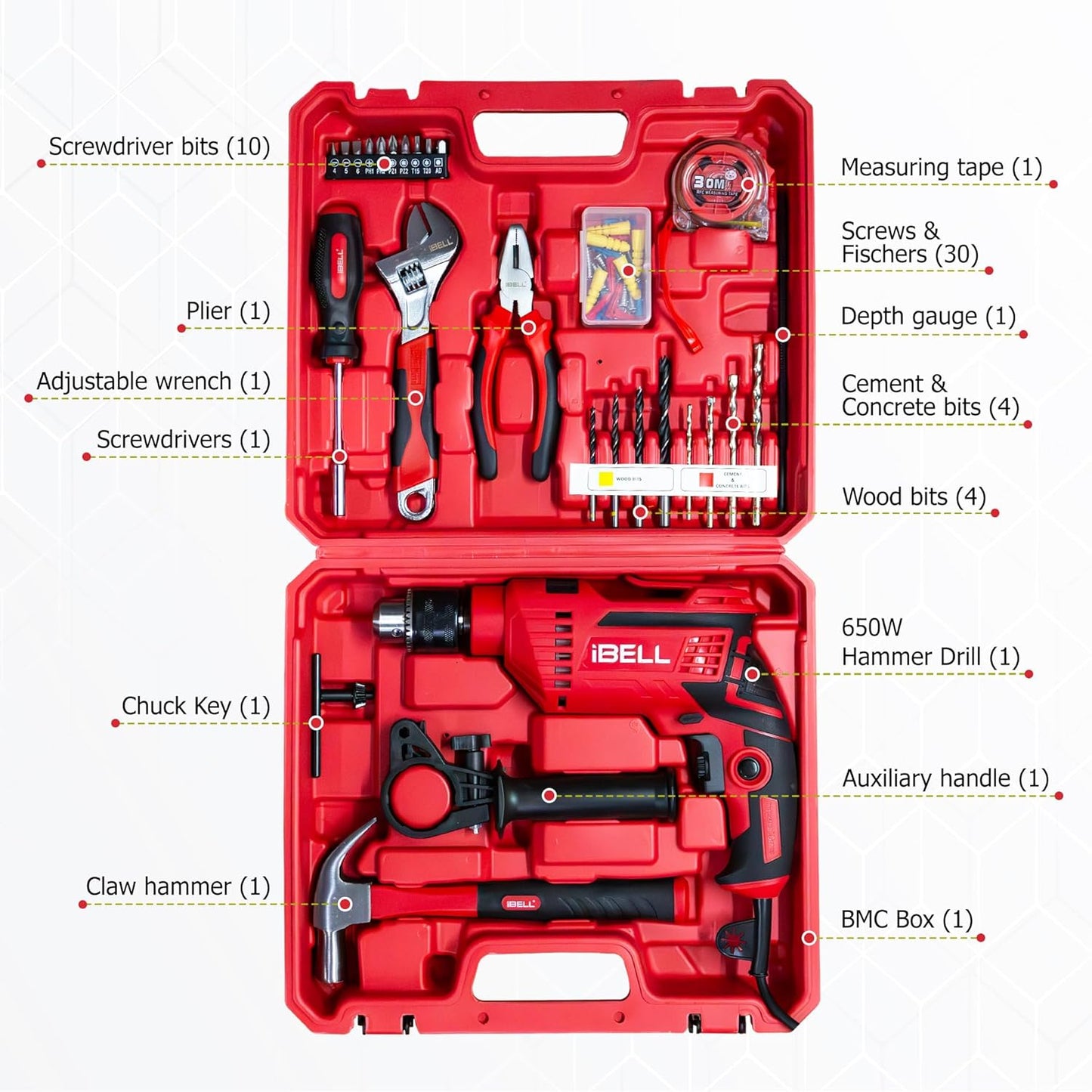 IBELL Professional Tool Kit with Impact Drill TD13-85, 650W, Copper Armature, Chuck 13mm, 59 Home Essential Tools/Accessories with RED/BLACK BMC box