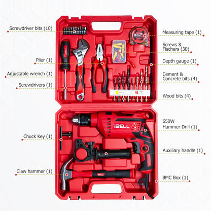 IBELL Professional Tool Kit with Impact Drill TD13-85, 650W, Copper Armature, Chuck 13mm, 59 Home Essential Tools/Accessories with RED/BLACK BMC box