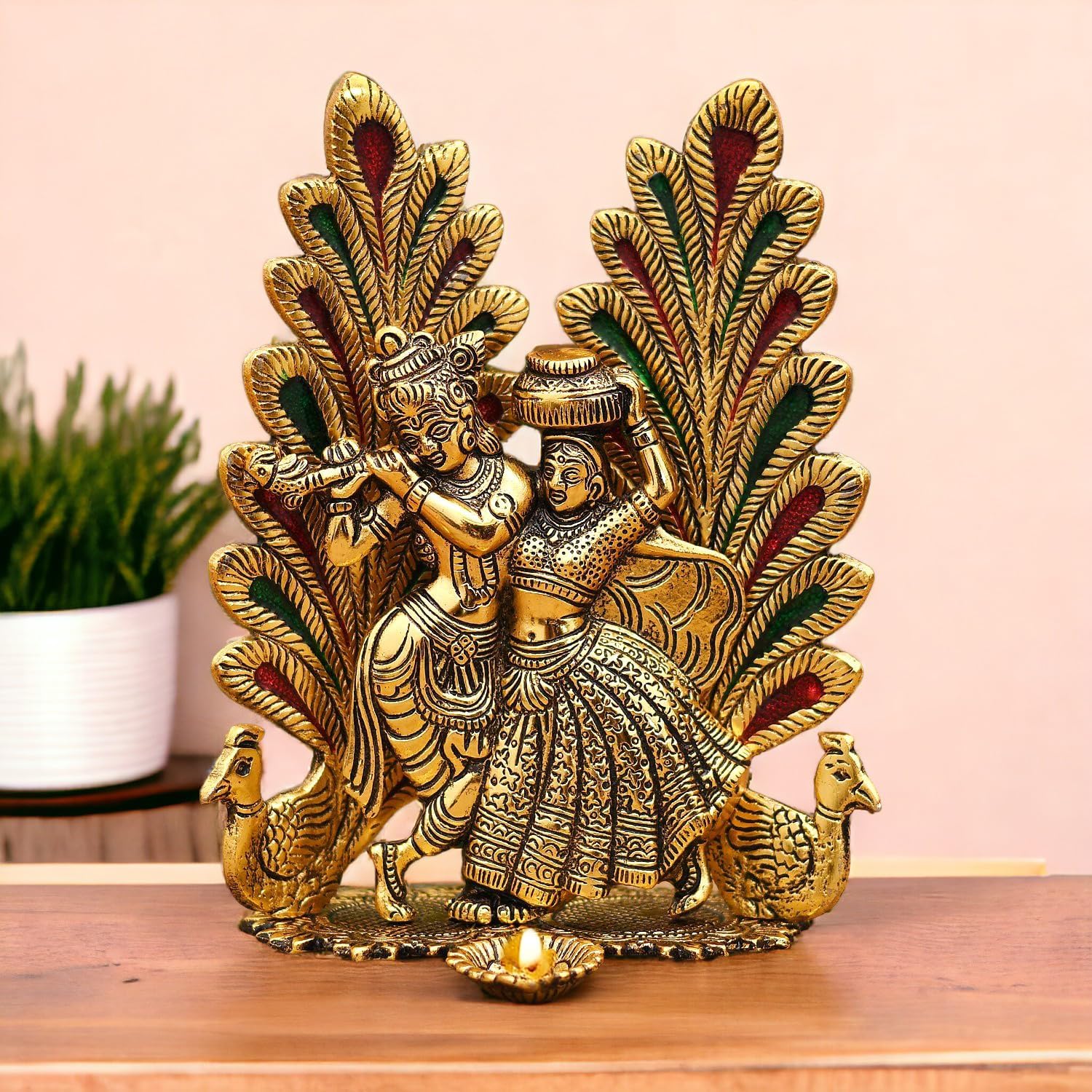 ascension Metal Peacock Design Radha Krishna Idol Decorative Showpiece Statue for Puja Room Home Office Desk Decoration Gift Items Gold