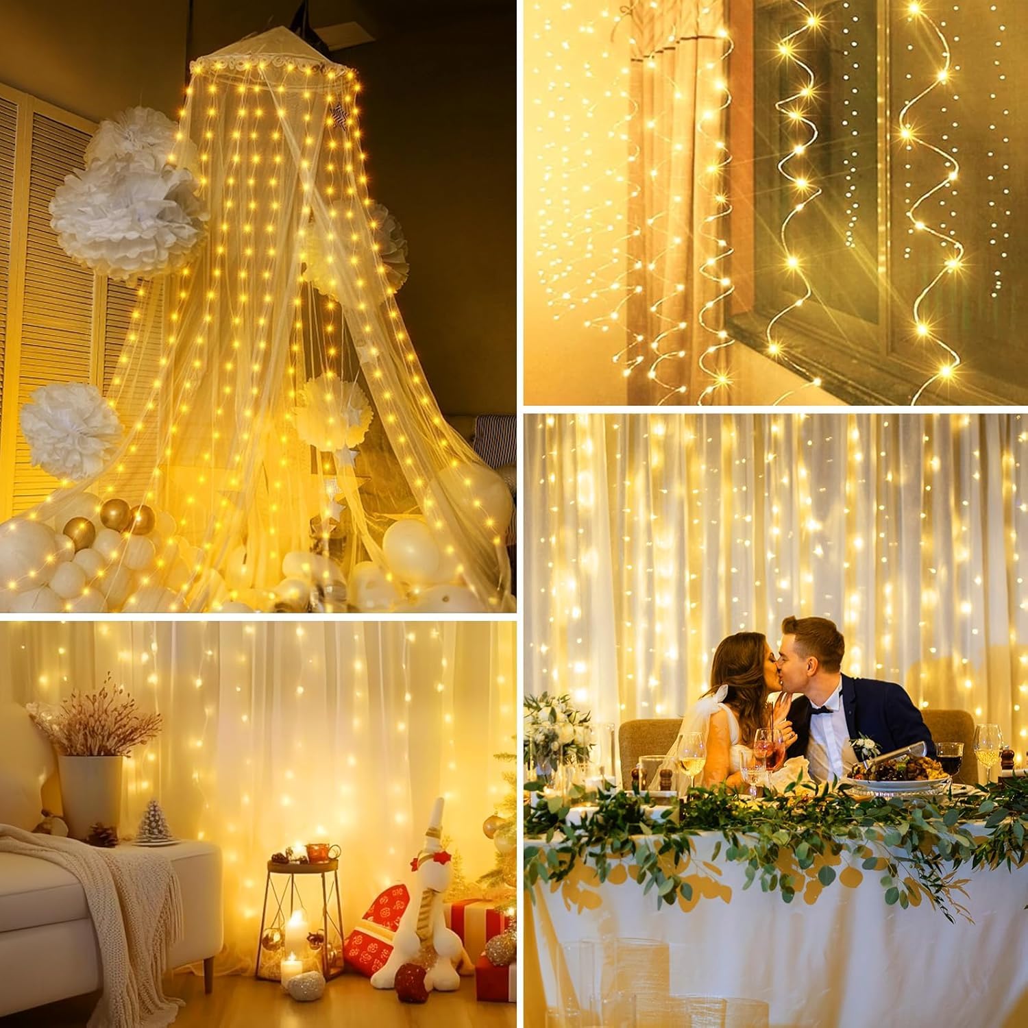 FLYNGO Fairy Curtain String Lights for Decoration, Warm White USB Powered 300 LED Lights with 8 Flashing Modes, Lights for Diwali, Christmas, Wedding, Party, Home (Fairy Curtain Warm White)