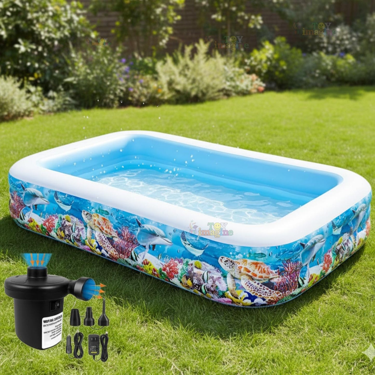 Toy Imagine 6.5 ft Inflatable Family Swimming Pool for Kids & Adults | Rectangular Pool with Electric Pump | Thick PVC | Multi-Use: Pool, Ball Pit, Bathtub & More