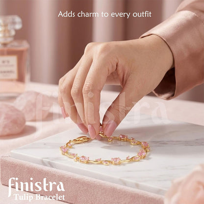finistra® Tulip Bracelet for Women Stylish | Gold Plated Pink Crystal Floral Jewellery | Adjustable Chain for Women & Girls Stylish | Elegant Tulip Bracelet for Women, Party & Daily Wear Accessory