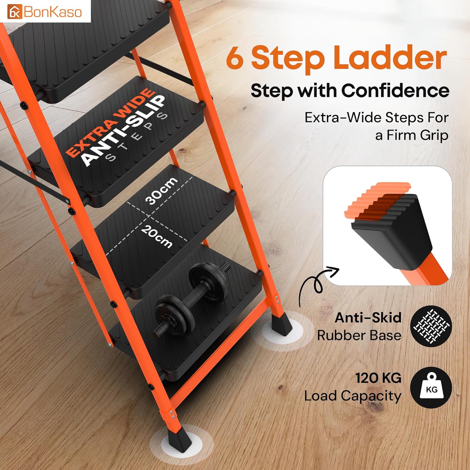 BonKaso Climb Easy 6 Step Heavy Duty Foldable Steel Kitchen Ladder for Home, Office & Outdoor Use with Anti-Slip Wide Steps, Support Handle & Tool Tray (Orange & Black)