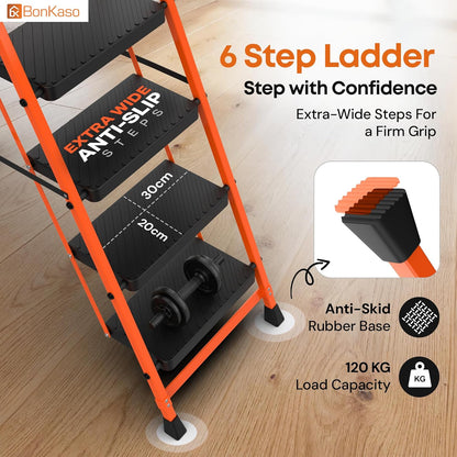 BonKaso Climb Easy 6 Step Heavy Duty Foldable Steel Kitchen Ladder for Home, Office & Outdoor Use with Anti-Slip Wide Steps, Support Handle & Tool Tray (Orange & Black)