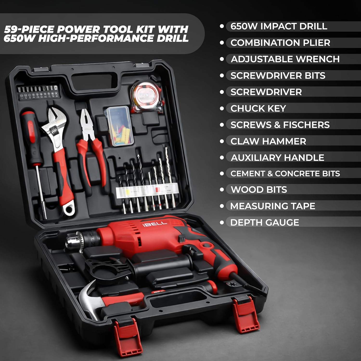 IBELL Professional Tool Kit with Impact Drill TD13-85, 650W, Copper Armature, Chuck 13mm, 59 Home Essential Tools/Accessories with RED/BLACK BMC box