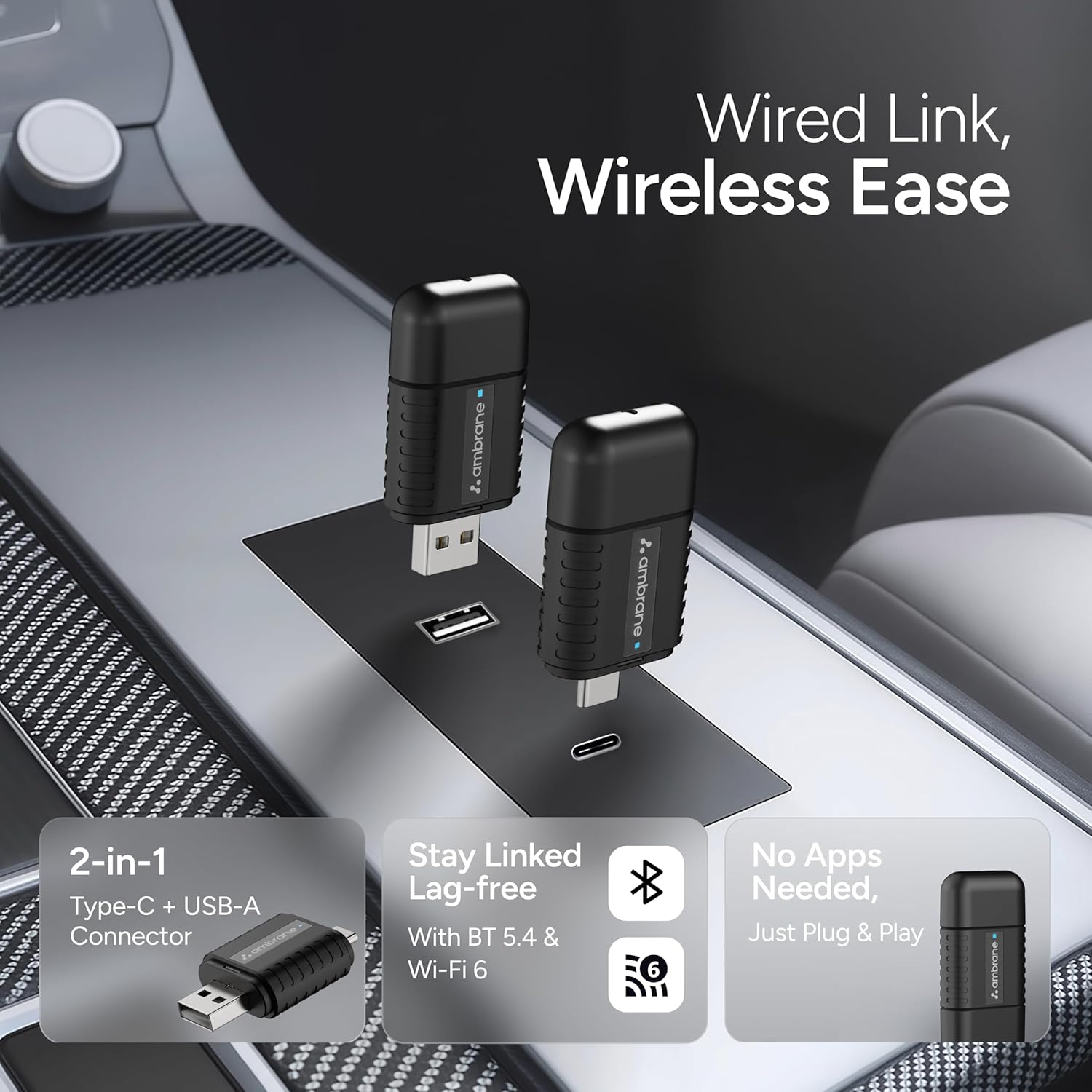 Ambrane 2 in 1 Wireless CarPlay & Android Auto Adapter | Convert Wired to Wire-Less CarPlay/Android-Auto | Plug & Play USB Dongle | Bluetooth 5.4 + Dual-Band Wi-Fi | Works with iPhone & Smartphone