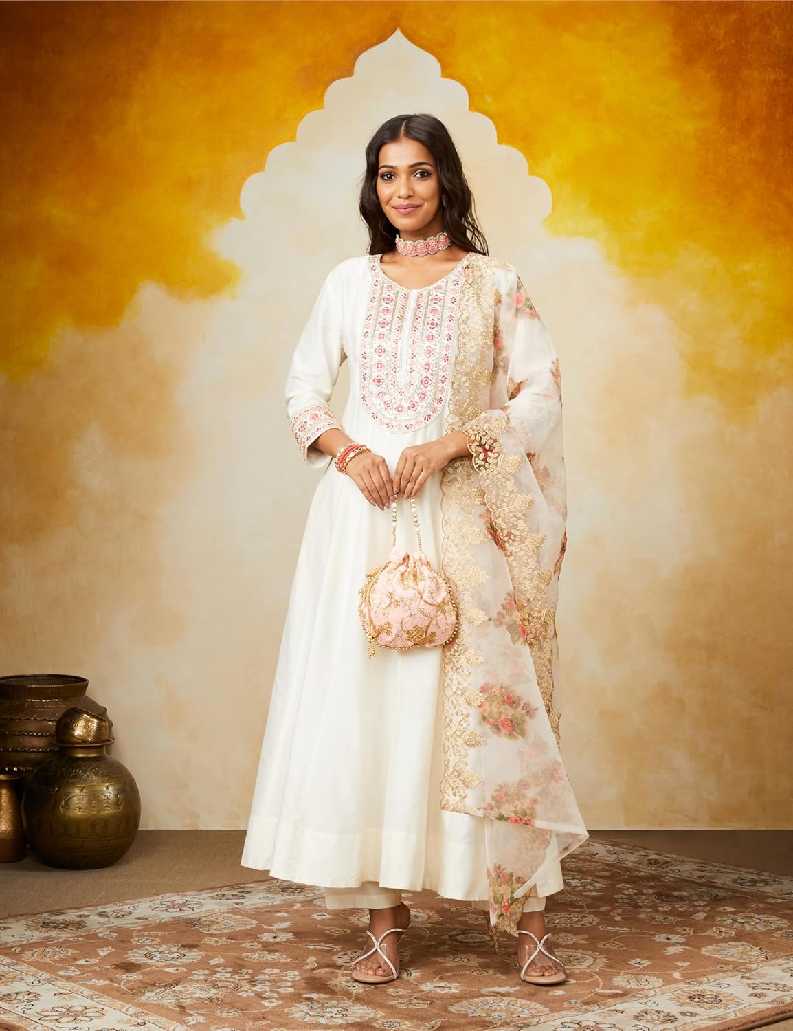 Amazon Brand - Myx Women's Embroidered Anarkali Kurta Pant Set with Organza Dupatta | A-line fit (Available in Plus Sizes)