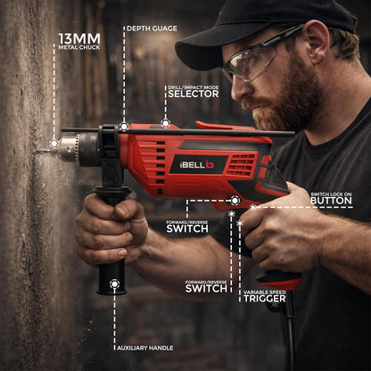 IBELL Professional Tool Kit with Impact Drill TD13-85, 650W, Copper Armature, Chuck 13mm, 59 Home Essential Tools/Accessories with RED/BLACK BMC box