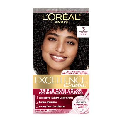 L'Oréal Paris Permanent Hair Colour, Radiant At-Home Hair Colour with up to 100% Grey Coverage, Pro-Keratin, Up to 8 Weeks of Colour, Excellence Crème, 3 Natural Darkest Brown, 72ml+100g