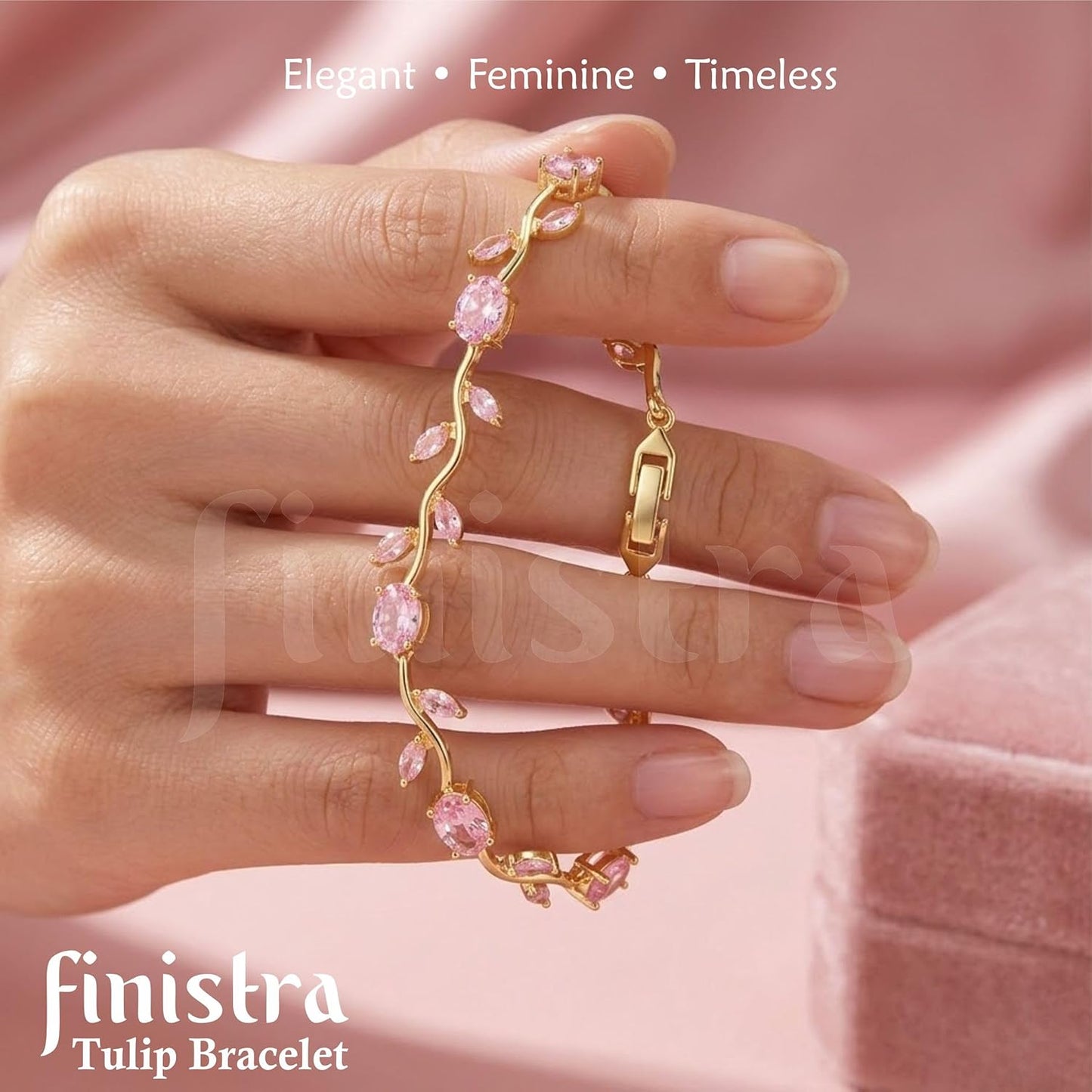 finistra® Tulip Bracelet for Women Stylish | Gold Plated Pink Crystal Floral Jewellery | Adjustable Chain for Women & Girls Stylish | Elegant Tulip Bracelet for Women, Party & Daily Wear Accessory