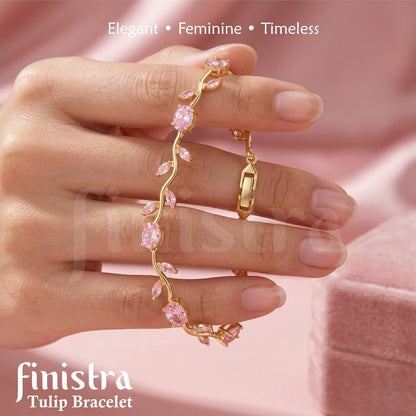 finistra® Tulip Bracelet for Women Stylish | Gold Plated Pink Crystal Floral Jewellery | Adjustable Chain for Women & Girls Stylish | Elegant Tulip Bracelet for Women, Party & Daily Wear Accessory