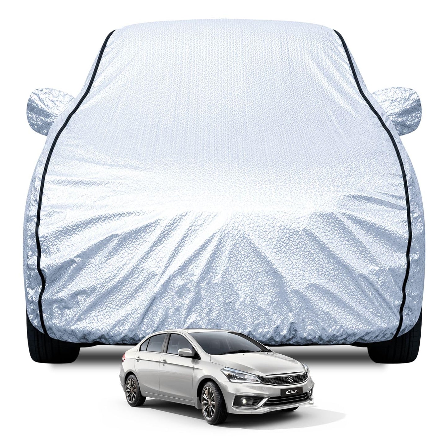 FABTEC Waterproof Premium Car Cover for Maruti Brezza Super Waterproof Car Body Cover Heavy Duty Durable PEVA Grey with Red Piping
