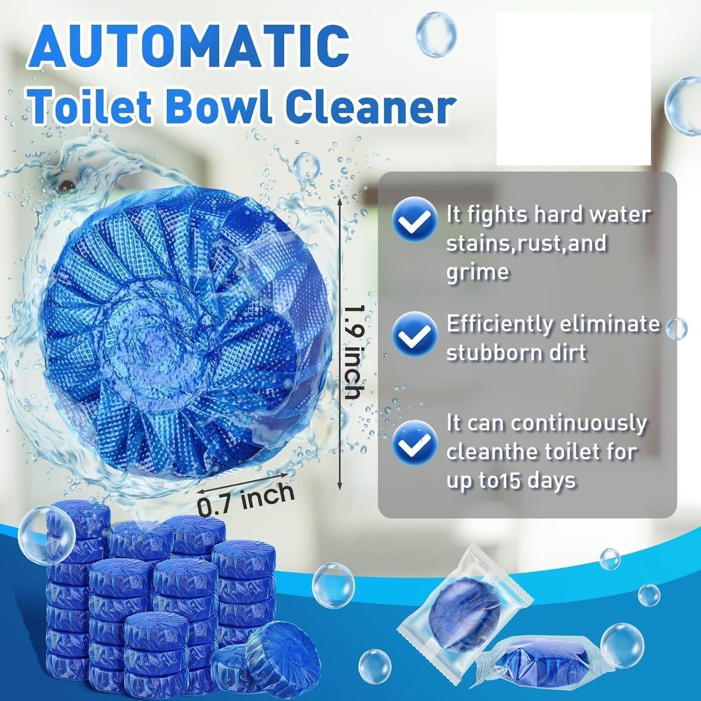 Automatic Flush Toilet Bowl Cleaner Tablets, Bathroom Toilet Tank Cleaner, Powerful Cleaning Ball Blue Deep Clean Bubbles, Mild Lemon Scent (10)