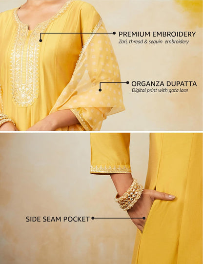 Amazon Brand - Myx Women's Embroidered Anarkali Kurta Pant Set with Organza Dupatta | A-line fit (Available in Plus Sizes)