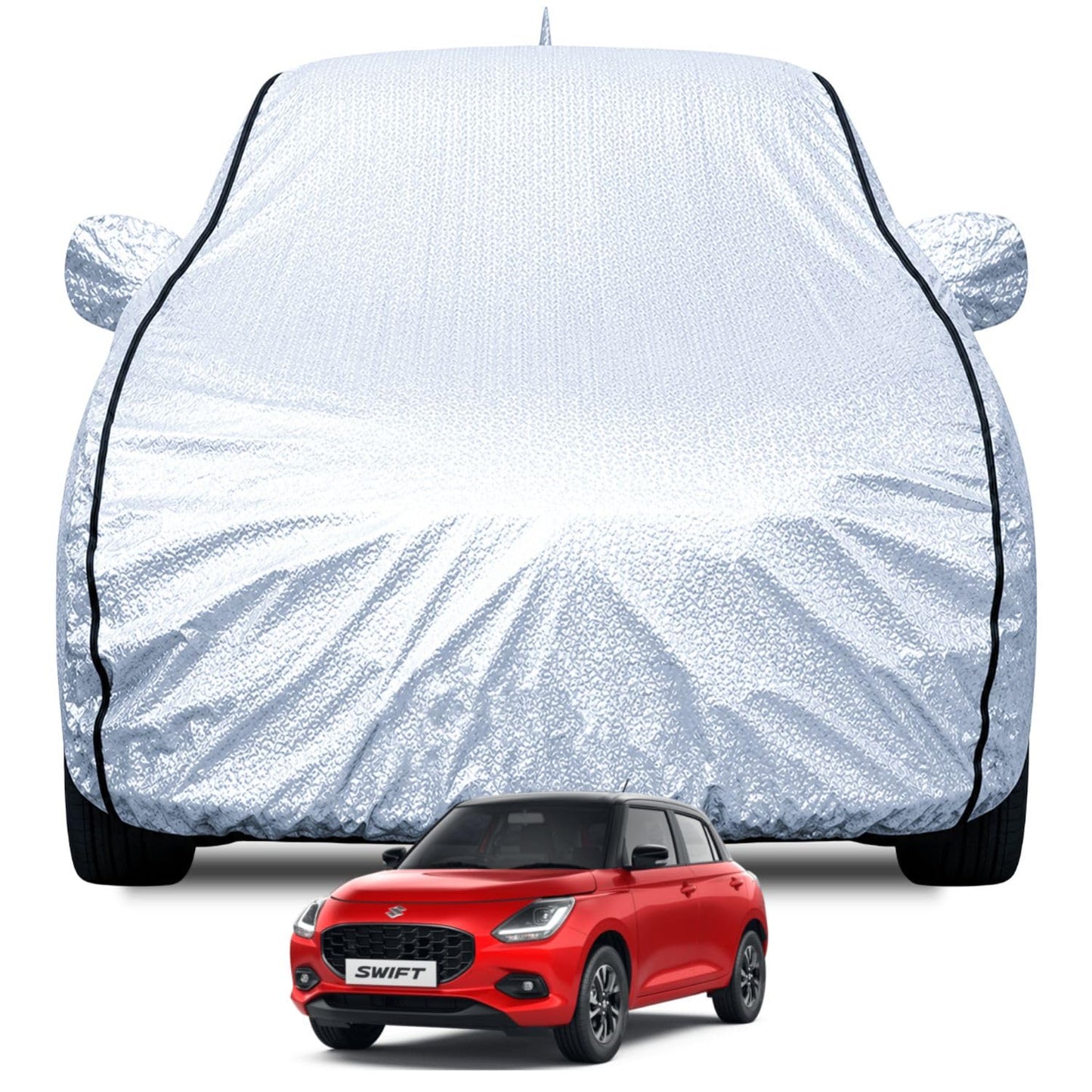 FABTEC Waterproof Premium Car Cover for Maruti Brezza Super Waterproof Car Body Cover Heavy Duty Durable PEVA Grey with Red Piping