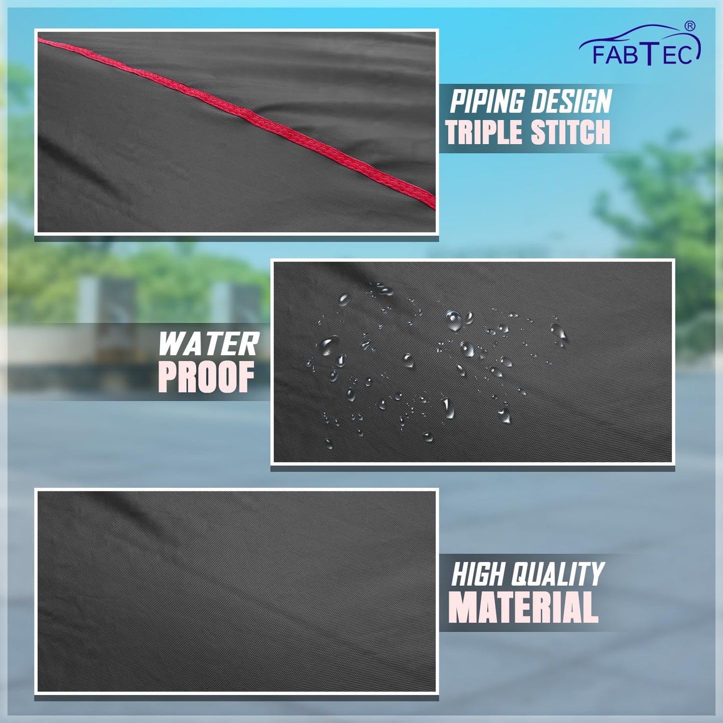 FABTEC Waterproof Premium Car Cover for Maruti Brezza Super Waterproof Car Body Cover Heavy Duty Durable PEVA Grey with Red Piping
