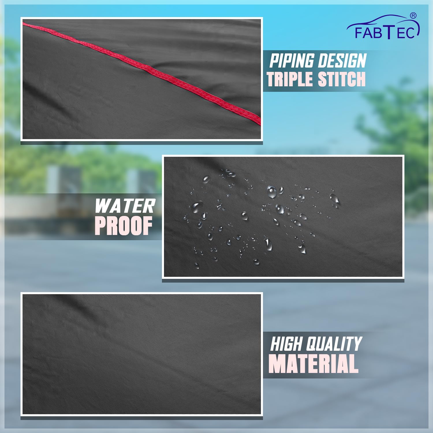 FABTEC Waterproof Premium Car Cover for Maruti Brezza Super Waterproof Car Body Cover Heavy Duty Durable PEVA Grey with Red Piping
