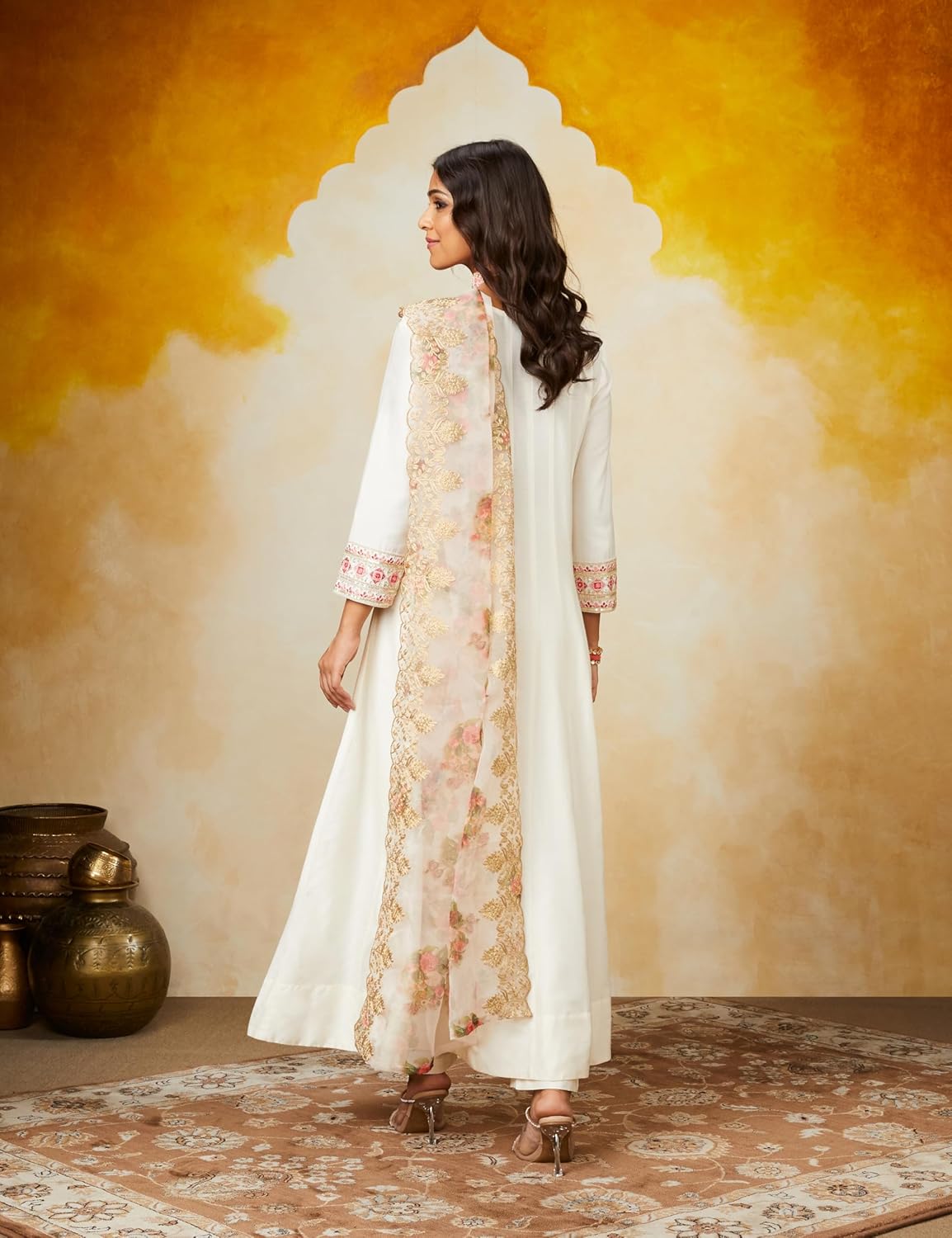 Amazon Brand - Myx Women's Embroidered Anarkali Kurta Pant Set with Organza Dupatta | A-line fit (Available in Plus Sizes)