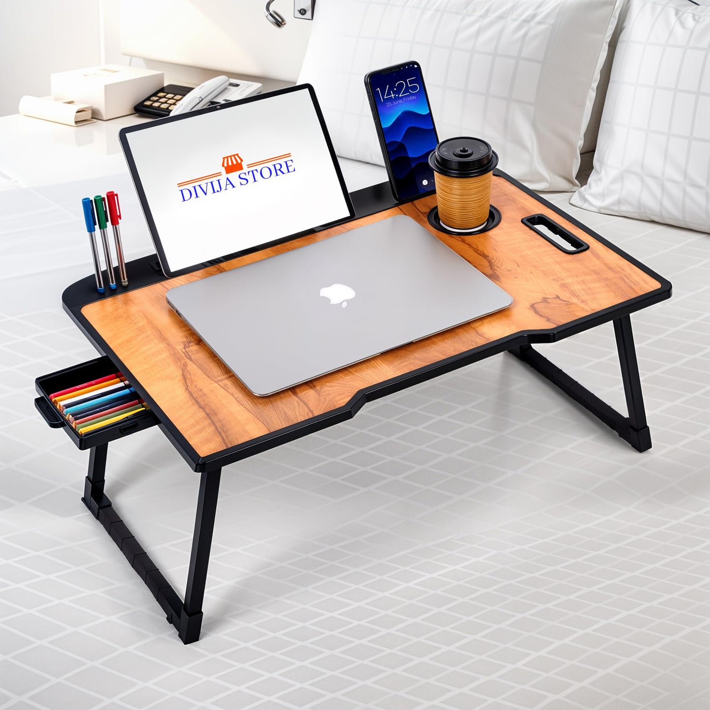 DIVIJA STORE Wood Smart Multipurpose Foldable Laptop Table with Cup Holder, Study Table, Bed Table, Breakfast Table, Foldable and Portable/Ergonomic & Rounded Edges/Non-Slip Legs (Black), 59 cm, 8 cm